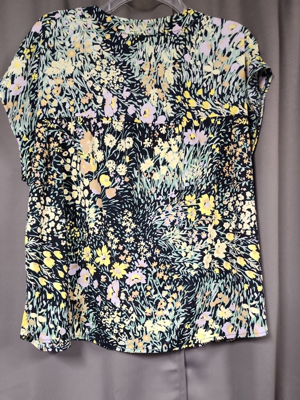 Ann Taylor Floral V-Neck Blouse - Black with Yellow & Pastel Flowers - Picture 4 of 5